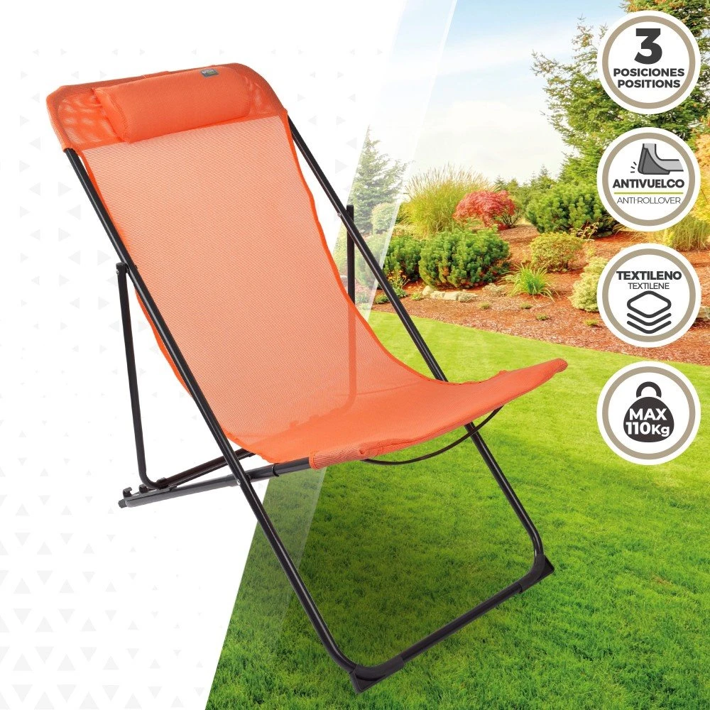 Silla Tumbona Plegable De Jardín Multiposición Naranja Con Asa Aktive 2 Silla Tumbona Plegable De Jardín Multiposición Naranja Con Asa Aktive - Imagen 2