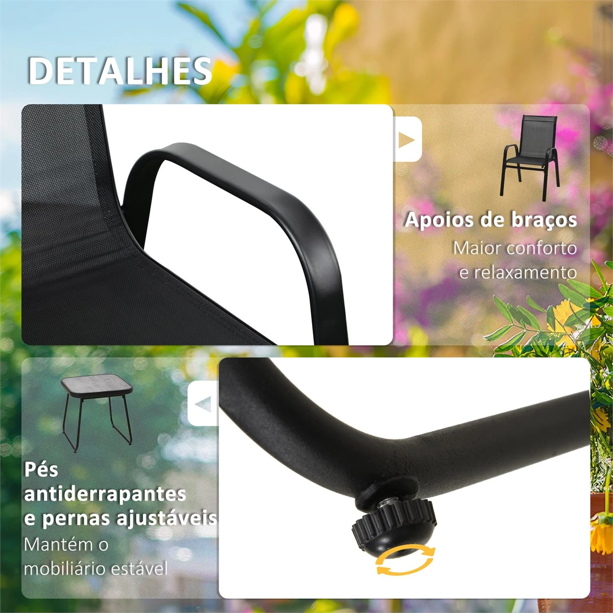 Outsunny Conjunto De Muebles De Jardín 3 Piezas Muebles Exterior Incluye 2 Sillones Apilables Con Tela De Malla Transpirable Y Mesa De Centro Con Tablero SPC Negro 6 Outsunny Conjunto De Muebles De Jardín 3 Piezas Muebles Exterior Incluye 2 Sillones Apilables Con Tela De Malla Transpirable Y Mesa De Centro Con Tablero SPC Negro - Imagen 6
