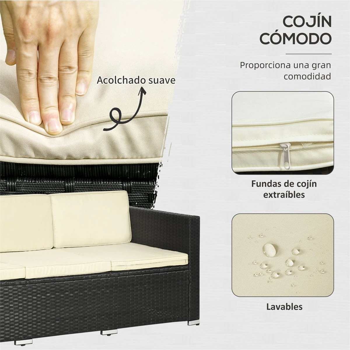 Outsunny Conjunto De Muebles De Ratán De Jardín 3 Piezas Muebles De Ratán Exterior Sofá De 3 Plazas Con Cojines Acolchados Mesa De Centro Con Tablero De Vidrio Templado Y Reposapiés Negro 5 Outsunny Conjunto De Muebles De Ratán De Jardín 3 Piezas Muebles De Ratán Exterior Sofá De 3 Plazas Con Cojines Acolchados Mesa De Centro Con Tablero De Vidrio Templado Y Reposapiés Negro - Imagen 5