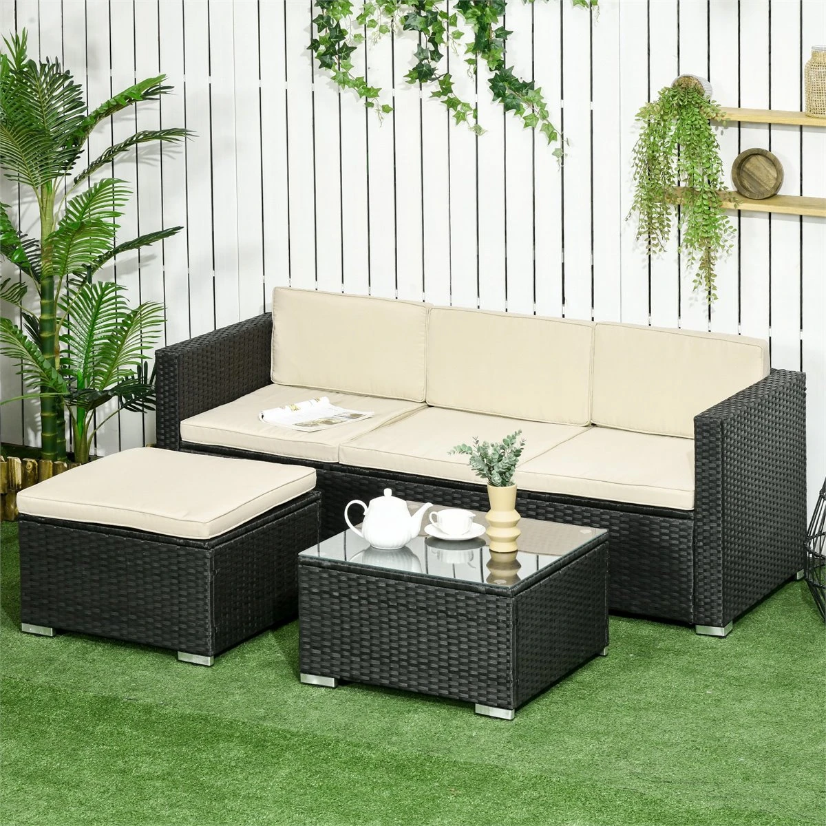 Outsunny Conjunto De Muebles De Ratán De Jardín 3 Piezas Muebles De Ratán Exterior Sofá De 3 Plazas Con Cojines Acolchados Mesa De Centro Con Tablero De Vidrio Templado Y Reposapiés Negro 2 Outsunny Conjunto De Muebles De Ratán De Jardín 3 Piezas Muebles De Ratán Exterior Sofá De 3 Plazas Con Cojines Acolchados Mesa De Centro Con Tablero De Vidrio Templado Y Reposapiés Negro - Imagen 2