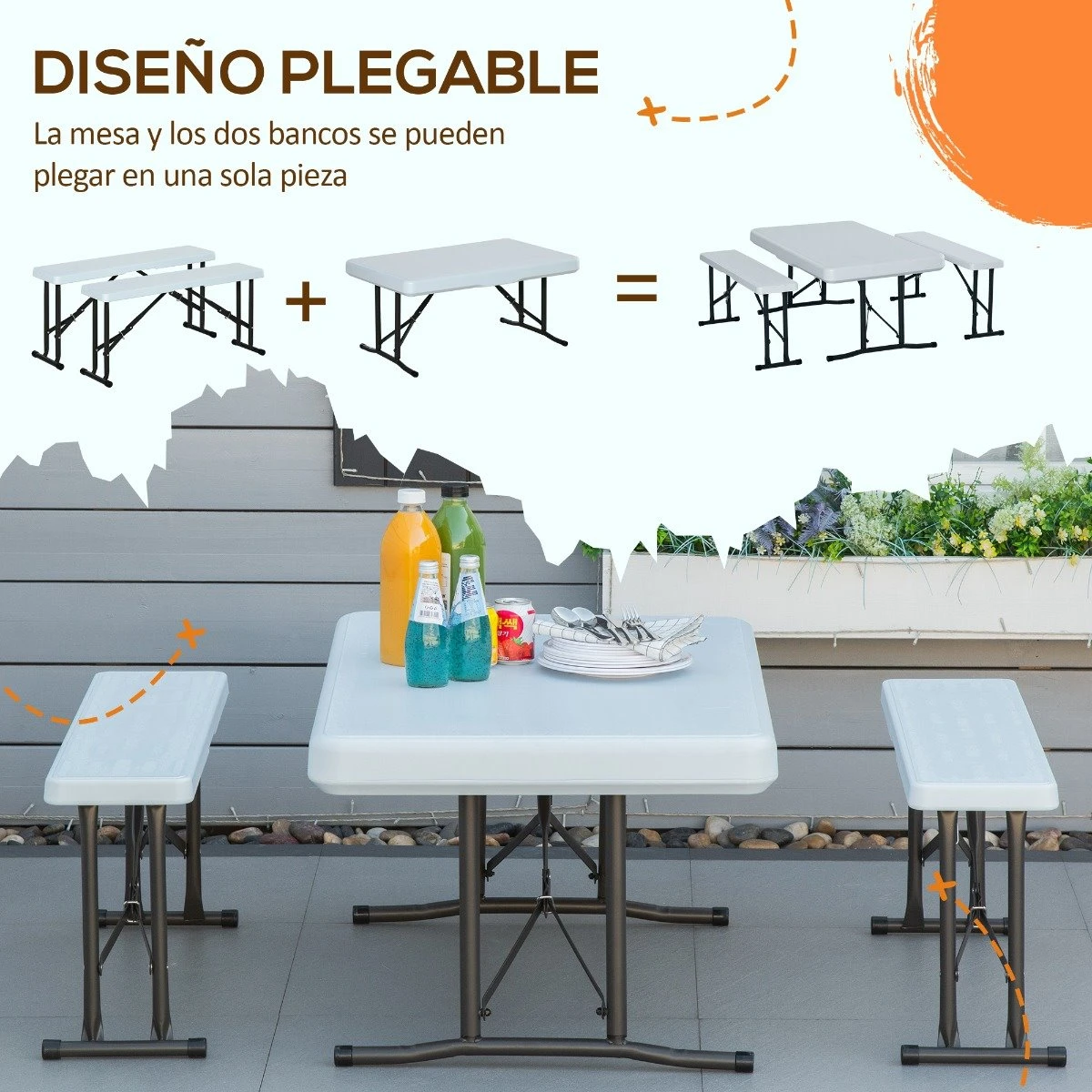 Outsunny Conjunto Mesa Y 2 Bancos Plegables De Jardín Muebles Para Camping Picnic Mesa De 103x63x76 Cm Y Asiento De 84,5x20x40 Cm Blanco 4 Outsunny Conjunto Mesa Y 2 Bancos Plegables De Jardín Muebles Para Camping Picnic Mesa De 103x63x76 Cm Y Asiento De 84,5x20x40 Cm Blanco - Imagen 4