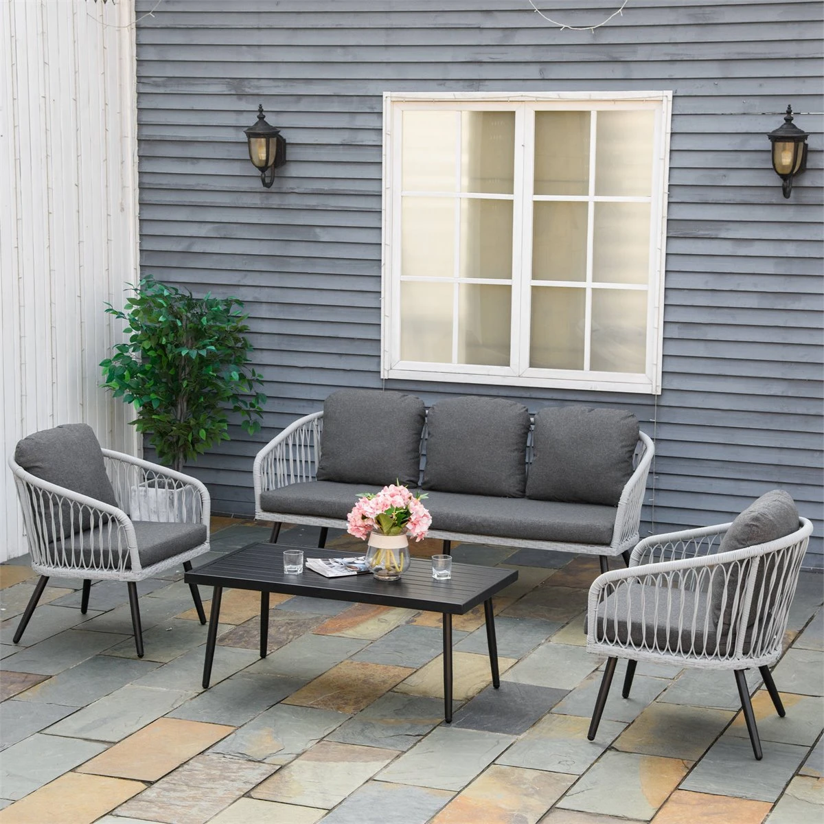 Outsunny Conjunto De Muebles De Ratán Y Aluminio Juego De Muebles De Jardín 4 Piezas Mesa De Café Sofá De 3 Plazas Y 2 Sillones Con Cojines Para Terraza Exterior Gris 2 Outsunny Conjunto De Muebles De Ratán Y Aluminio Juego De Muebles De Jardín 4 Piezas Mesa De Café Sofá De 3 Plazas Y 2 Sillones Con Cojines Para Terraza Exterior Gris - Imagen 2