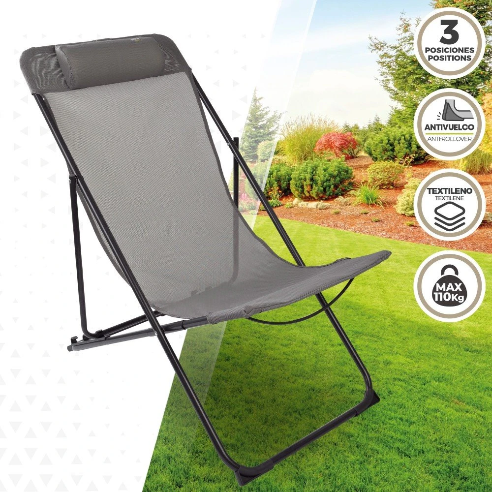 Silla Tumbona Plegable De Jardín Gris Con Asa Aktive 2 Silla Tumbona Plegable De Jardín Gris Con Asa Aktive - Imagen 2