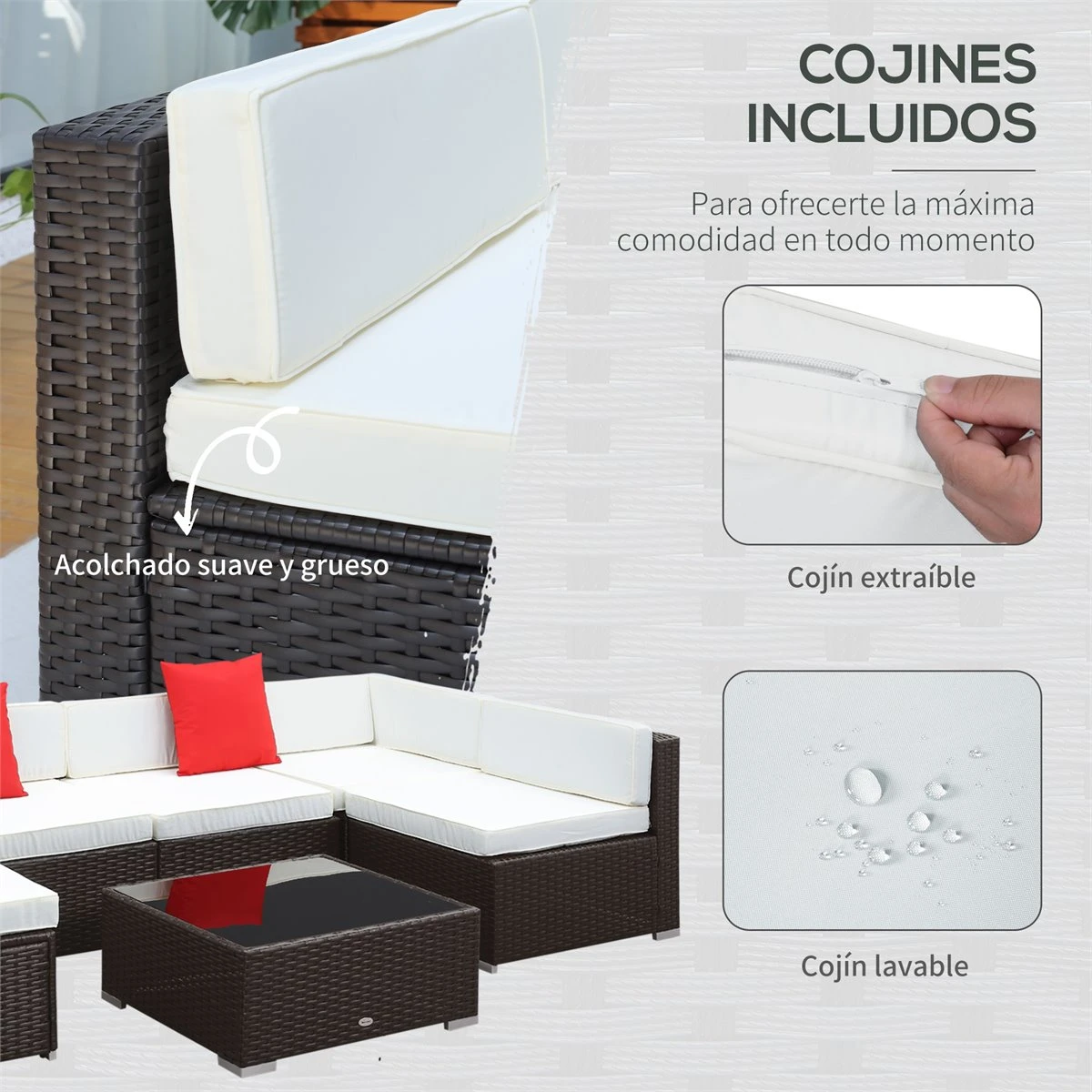 Outsunny Conjunto Muebles De Jardín Ratán 7 Piezas Set De Sofás Patio Con 1 Mesita Almohada Y Cojín Incluido Marco Acero Resistente Intemperie UV Marrón 5 Outsunny Conjunto Muebles De Jardín Ratán 7 Piezas Set De Sofás Patio Con 1 Mesita Almohada Y Cojín Incluido Marco Acero Resistente Intemperie UV Marrón - Imagen 5