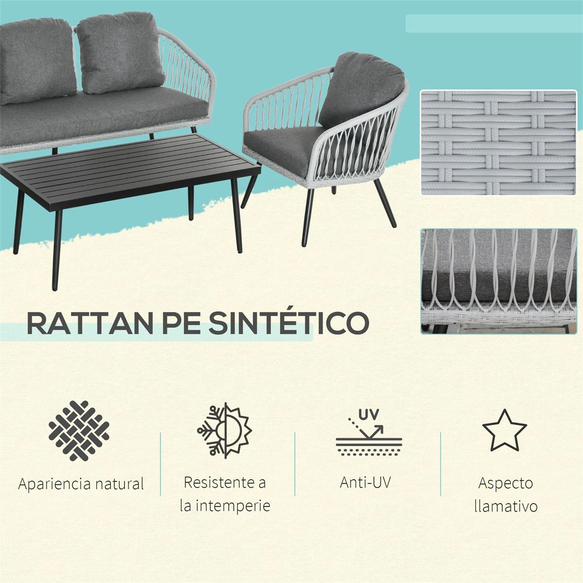 Outsunny Conjunto De Muebles De Ratán Y Aluminio Juego De Muebles De Jardín 4 Piezas Mesa De Café Sofá De 3 Plazas Y 2 Sillones Con Cojines Para Terraza Exterior Gris 4 Outsunny Conjunto De Muebles De Ratán Y Aluminio Juego De Muebles De Jardín 4 Piezas Mesa De Café Sofá De 3 Plazas Y 2 Sillones Con Cojines Para Terraza Exterior Gris - Imagen 4