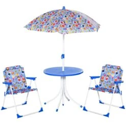Outsunny Set De Mesa Y Sillas Exterior Infantil Conjunto De Picnic Plegable Para Jardín Juego De Mesa Con Sombrilla Ajustable 100-125 Cm Protección De UV Azul