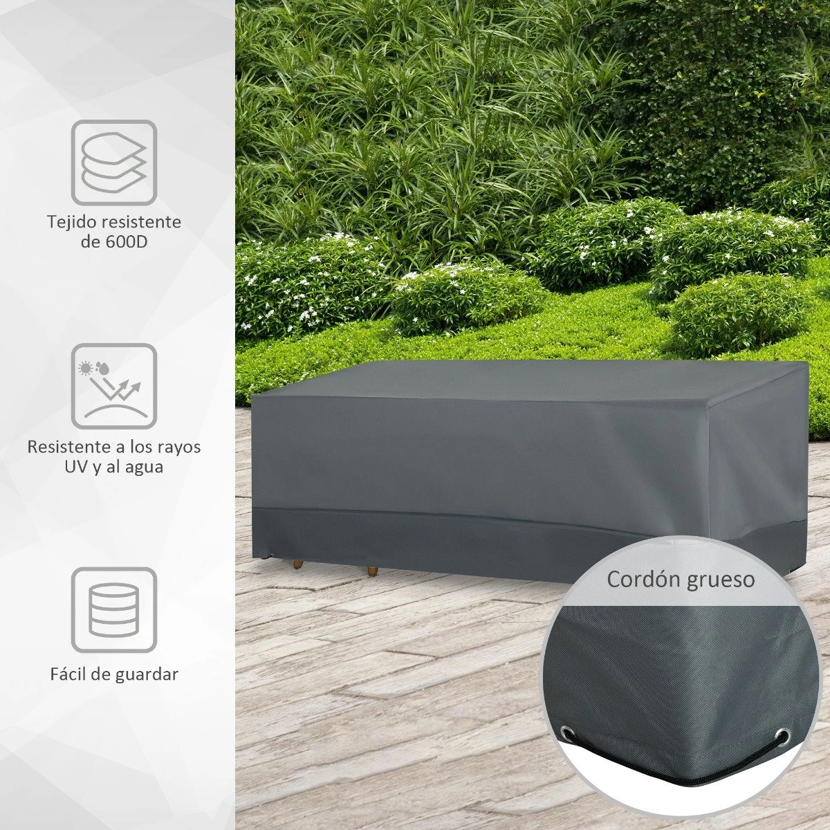 Outsunny Funda Protectora Para Muebles De Jardín Tela Oxford 600D Impermeable Cubierta De Muebles De Mesas Sillas Sofás Exterior Con Cordón Y Hebilla 190,5x72x76 Cm Gris 8 Outsunny Funda Protectora Para Muebles De Jardín Tela Oxford 600D Impermeable Cubierta De Muebles De Mesas Sillas Sofás Exterior Con Cordón Y Hebilla 190,5x72x76 Cm Gris - Imagen 8