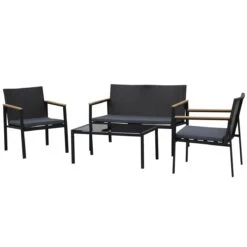 Outsunny Conjunto Muebles De Ratán De 4 Piezas Con Cojines Acolchados 2 Sillone 1 Sofá Para Doble Y Cafetería Vidrio Templado Para Jardín Exterior Terraza Patio Negro Y Gris