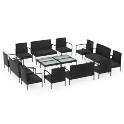 Set Muebles De Jardín 16 Piezas Y Cojines Ratán Sintético Negro VidaXL