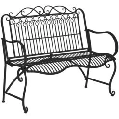 Outsunny Banco De Jardín De 2 Plazas 110x60x97 Cm Banco De Exterior De Metal Con Respaldo Decorativo Y Reposabrazos Para Terraza Balcón Patio Carga 200 Kg Negro
