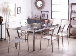 Conjunto De Jardín Mesa Con Tablero Negro De Piedra Natural 180 Cm, 6 Sillas De Tela Blanca GROSSETO -Jardin Decoración Shop 78e6e7d3ba408b1805790c3a66d953db05f8b593 0028d0f2975046b8913d16b03044fea1