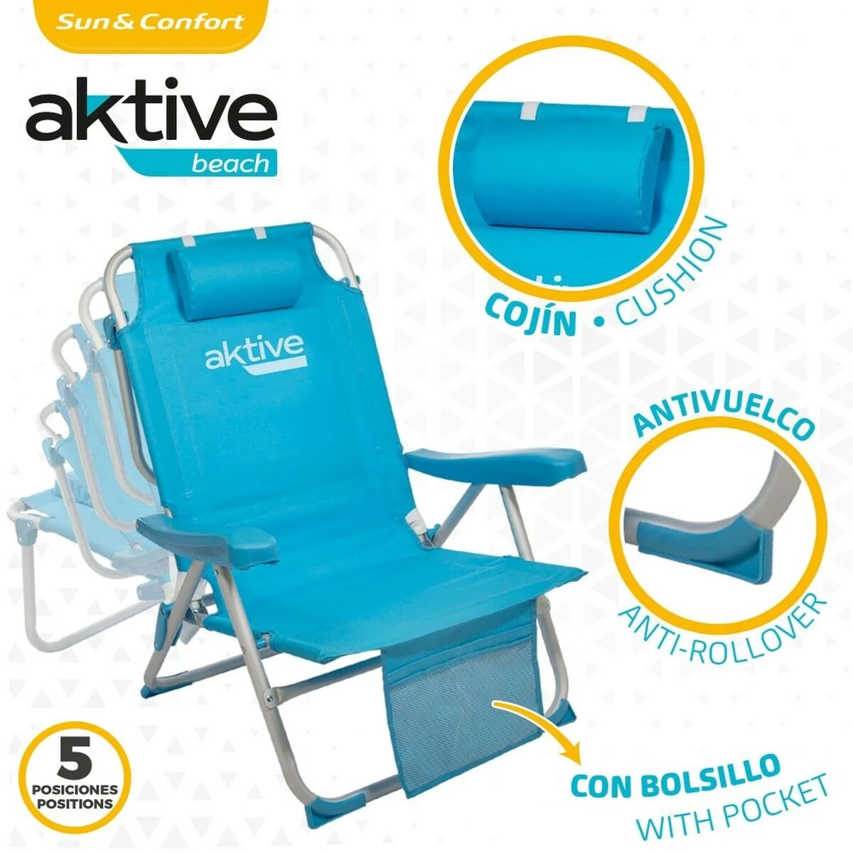 Silla Plegable Con Reposacabezas Aktive 49 X 80 X 58 Cm Azul (2 Unidades) 4 Silla Plegable Con Reposacabezas Aktive 49 X 80 X 58 Cm Azul (2 Unidades) - Imagen 4