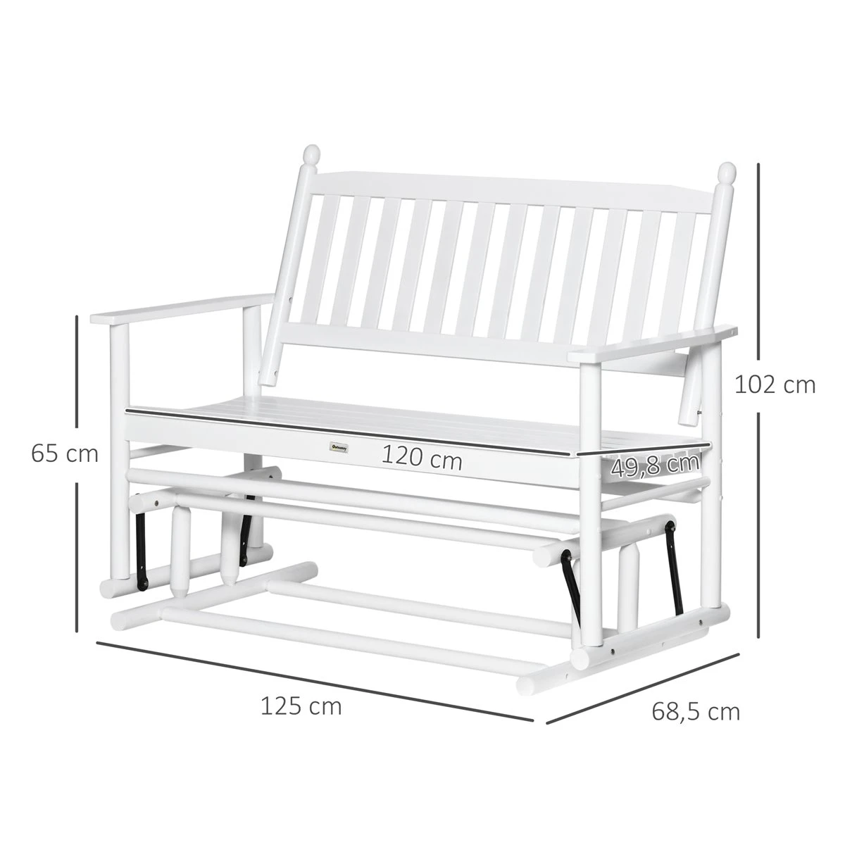 Outsunny Banco Mecedora De Jardín De 2 Plazas Banco Balancín De Madera Con Reposabrazos Y Respaldo De Listones Para Terraza Exterior Carga 250 Kg 125x68,5x102 Cm Blanco 3 Outsunny Banco Mecedora De Jardín De 2 Plazas Banco Balancín De Madera Con Reposabrazos Y Respaldo De Listones Para Terraza Exterior Carga 250 Kg 125x68,5x102 Cm Blanco - Imagen 3