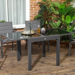 Outsunny Mesa De Jardín Extensible De Aluminio Mesa De Comedor Rectangular Con Encimera De Vidrio Templado Carga 50 Kg Para Terraza 160x80x75 Cm Negro