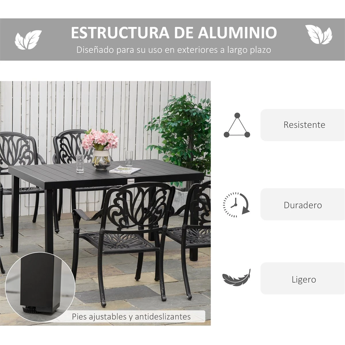 Outsunny Mesa De Jardín Rectangular Para 6 Personas Mesa De Comedor Exterior 140x90x74 Cm Con Encimera De Listones Y Estructura De Aluminio Para Terraza Balcón Negro 4 Outsunny Mesa De Jardín Rectangular Para 6 Personas Mesa De Comedor Exterior 140x90x74 Cm Con Encimera De Listones Y Estructura De Aluminio Para Terraza Balcón Negro - Imagen 4