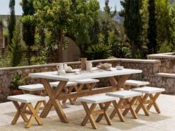 Conjunto De Comedor De Jardín De 8 Plazas De Cemento Blanco/madera Clara OLBIA