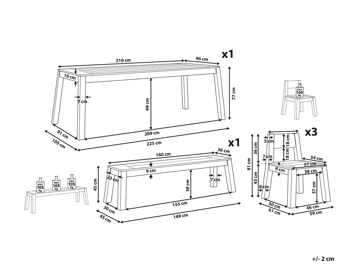 Conjunto De Jardín De Madera De Acacia Mesa Banco Y Sillas LIVORNO 3 Conjunto De Jardín De Madera De Acacia Mesa Banco Y Sillas LIVORNO - Imagen 3