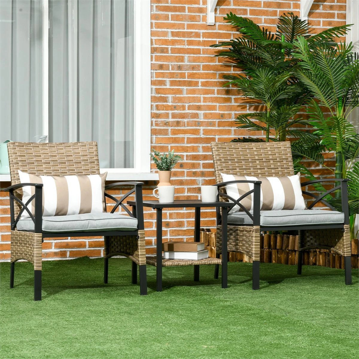 Outsunny Conjunto Mesa Y 2 Sillas De Jardín De Ratán 3 Piezas Juego De Muebles De Mimbre Con 2 Cojines Acolchados Y Marco De Acero Para Terraza Balcón 46x46x48 Cm Y 59x71x80 Cm Marrón 2 Outsunny Conjunto Mesa Y 2 Sillas De Jardín De Ratán 3 Piezas Juego De Muebles De Mimbre Con 2 Cojines Acolchados Y Marco De Acero Para Terraza Balcón 46x46x48 Cm Y 59x71x80 Cm Marrón - Imagen 2