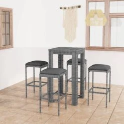 Set Muebles Bar Jardín 5 Piezas Y Cojines Ratán Sintético Gris VidaXL