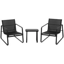 Outsunny Conjunto De Muebles De Jardín 3 Piezas Mesa De Vidrio Templado 44x44x41 Cm Y 2 Sillas 62x80x75 Cm Con Reposabrazos Y Respaldo Transpirable Para Terraza Balcón Negro