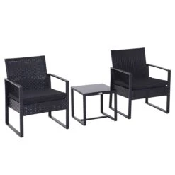 Outsunny Conjunto De Muebles De Ratán De Jardín 3 Piezas Set De Comedor Con 1 Mesa 42,5x40x39 Cm 2 Sillones 63x57x76 Cm Y Cojines Acolchados Para Patio Terraza Balcón Negro