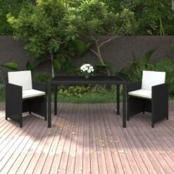 Set De Comedor De Jardín 3 Pzas Y Cojines Ratán Sintético Negro VidaXL