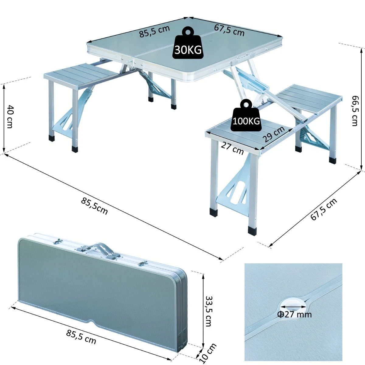 Outsunny Mesa Maleta De Camping Plegable Portátil Con 4 Asientos Y Agujero Para Sombrilla Estructura De Aluminio Para Playa Picnic 136x85,5x66 Cm Plata 3 Outsunny Mesa Maleta De Camping Plegable Portátil Con 4 Asientos Y Agujero Para Sombrilla Estructura De Aluminio Para Playa Picnic 136x85,5x66 Cm Plata - Imagen 3