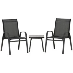 Outsunny Conjunto De Muebles De Jardín 3 Piezas Muebles Exterior Incluye 2 Sillones Apilables Con Tela De Malla Transpirable Y Mesa De Centro Con Tablero SPC Negro
