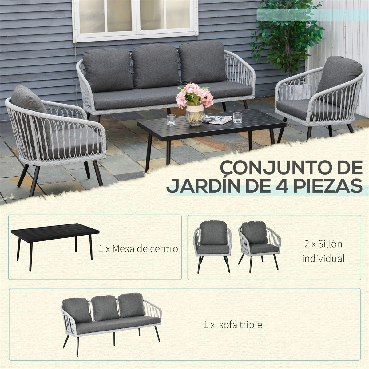 Outsunny Conjunto De Muebles De Ratán Y Aluminio Juego De Muebles De Jardín 4 Piezas Mesa De Café Sofá De 3 Plazas Y 2 Sillones Con Cojines Para Terraza Exterior Gris 5 Outsunny Conjunto De Muebles De Ratán Y Aluminio Juego De Muebles De Jardín 4 Piezas Mesa De Café Sofá De 3 Plazas Y 2 Sillones Con Cojines Para Terraza Exterior Gris - Imagen 5