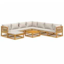 Set Muebles De Jardín 9 Pzas Madera Maciza Y Cojines Gris Claro VidaXL