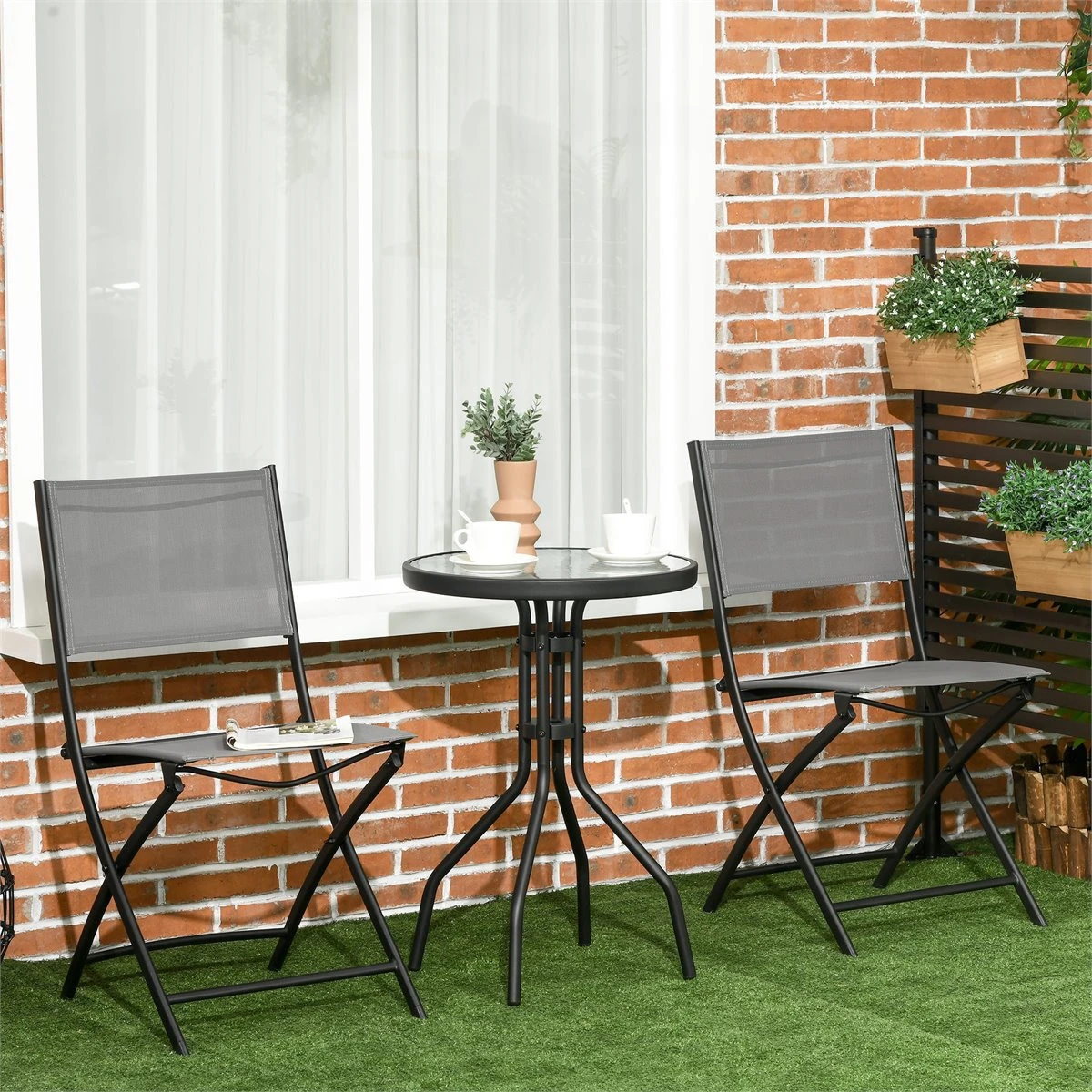 Outsunny Conjunto De Muebles De Jardín 3 Piezas Set De Muebles Exterior Incluye Mesa Con Encimera De Vidrio Templado Y 2 Sillones Plegable Con Respaldo Y Asiento De Texteline Gris 2 Outsunny Conjunto De Muebles De Jardín 3 Piezas Set De Muebles Exterior Incluye Mesa Con Encimera De Vidrio Templado Y 2 Sillones Plegable Con Respaldo Y Asiento De Texteline Gris - Imagen 2