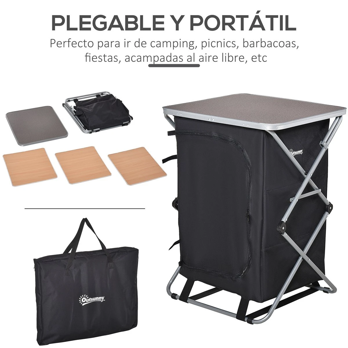 Outsunny Armario Cocina De Camping Plegable Con Paravientos 3 Estantes Bolsa De Almacenamiento Encimera 58X65x93 Cm Para Exterior Acampadas Picnics Tela Oxford Negro 4 Outsunny Armario Cocina De Camping Plegable Con Paravientos 3 Estantes Bolsa De Almacenamiento Encimera 58X65x93 Cm Para Exterior Acampadas Picnics Tela Oxford Negro - Imagen 4