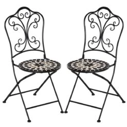Outsunny Set De 2 Sillas De Jardín Plegables Con Asiento De Mosaico Cerámico Y Marco De Metal Carga 120 Kg Para Bistró Terraza Patio Exterior 40x50x92 Cm Negro